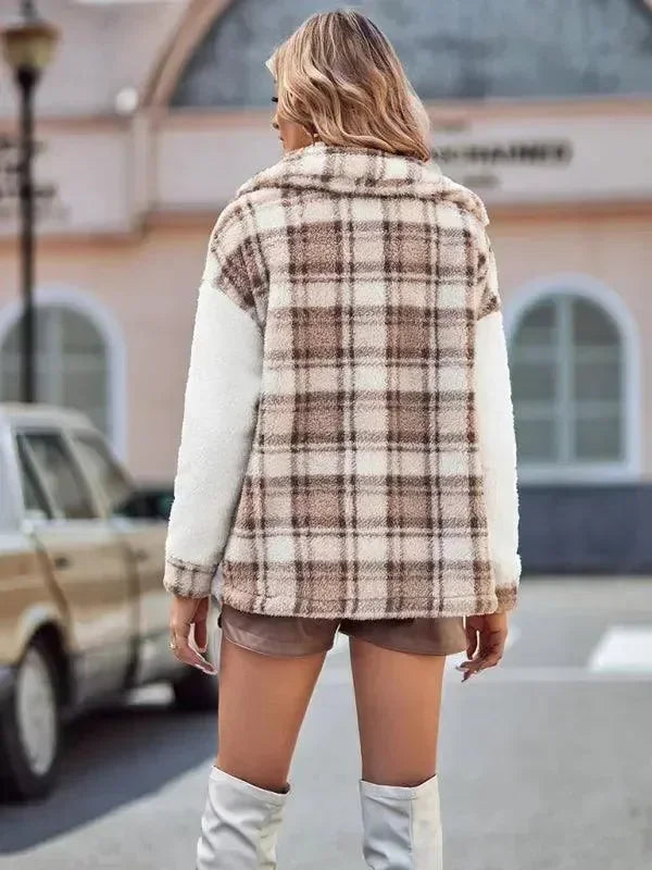 Women's Hooded Plaid Coat Loose Fit Style