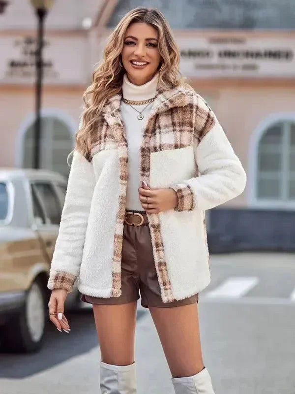 Women's Hooded Plaid Coat Loose Fit Style