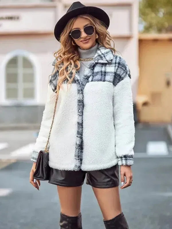 Women's Hooded Plaid Coat Loose Fit Style