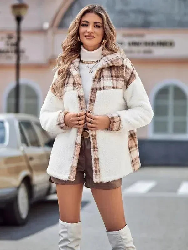 Women's Hooded Plaid Coat Loose Fit Style