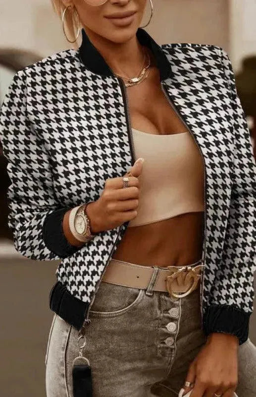 Women’s Houndstooth Bomber Jacket Casual Style