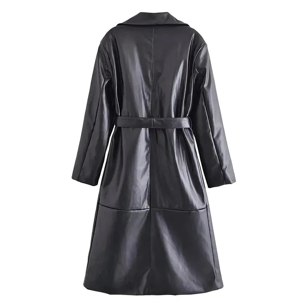 Women's Leather Trench Coat Belted Elegant Style