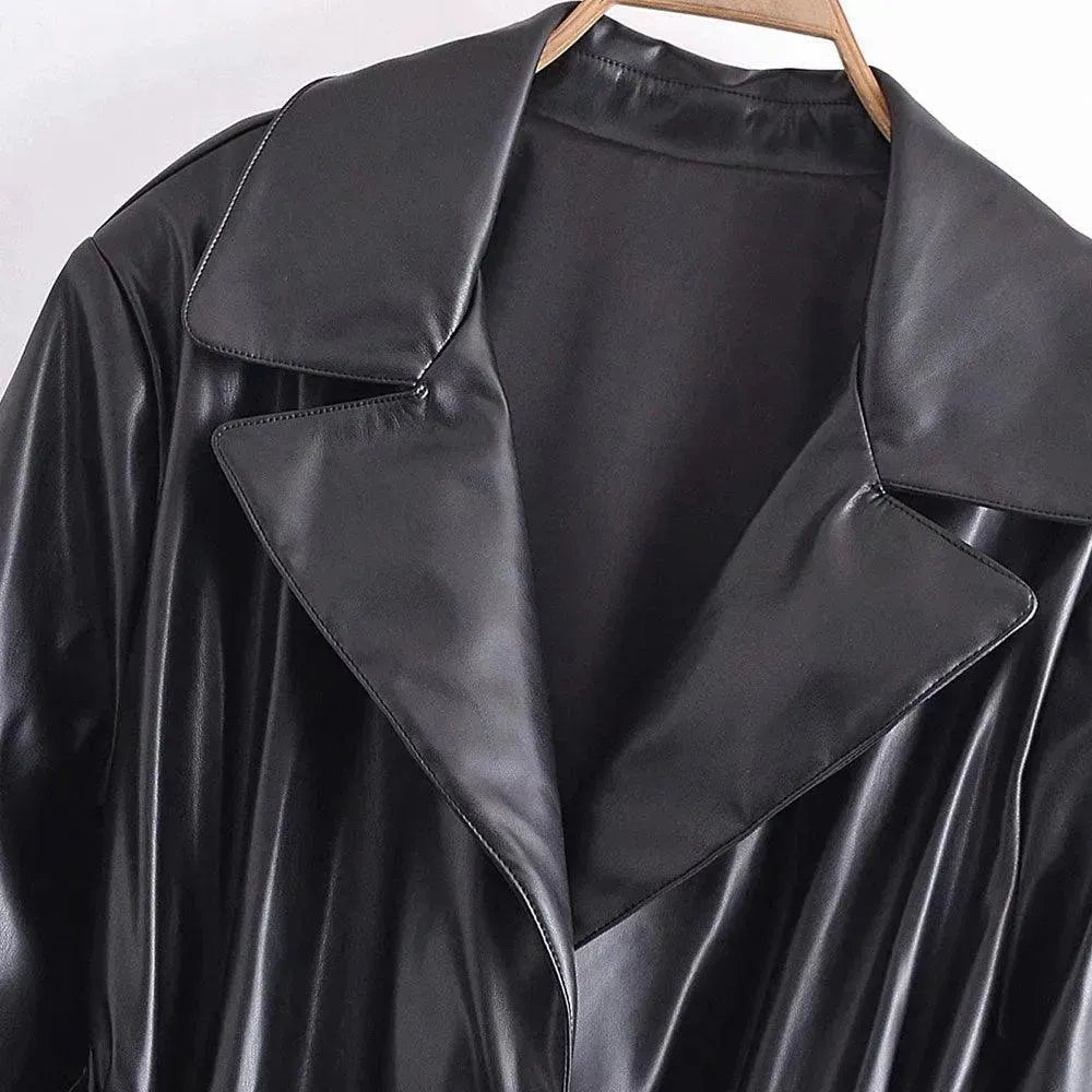 Women's Leather Trench Coat Belted Elegant Style