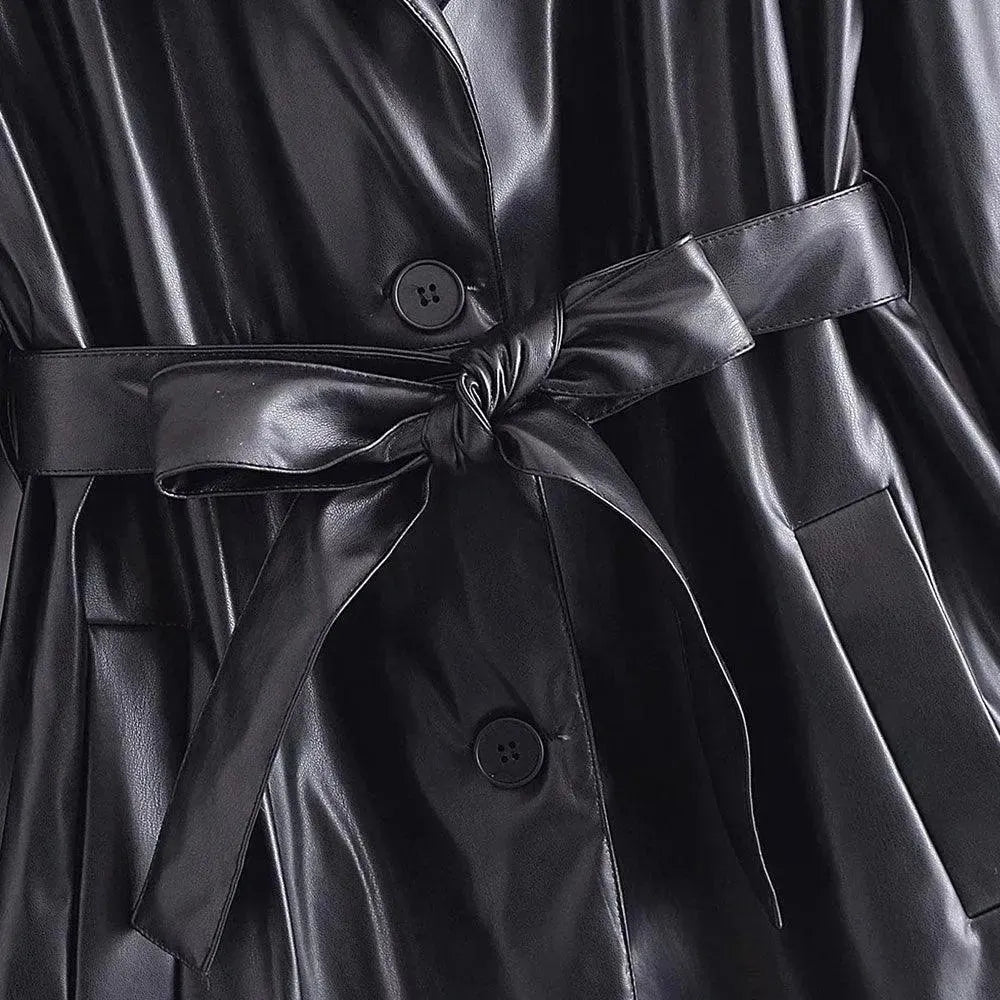 Women's Leather Trench Coat Belted Elegant Style