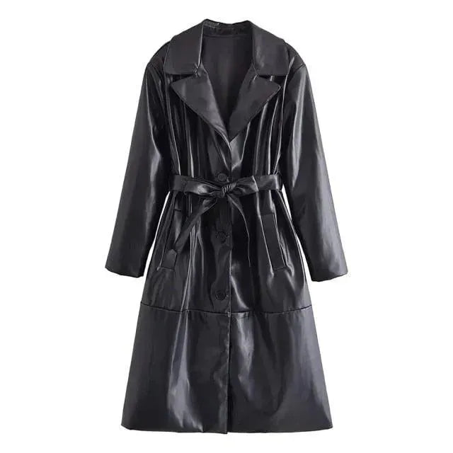 Women's Leather Trench Coat Belted Elegant Style