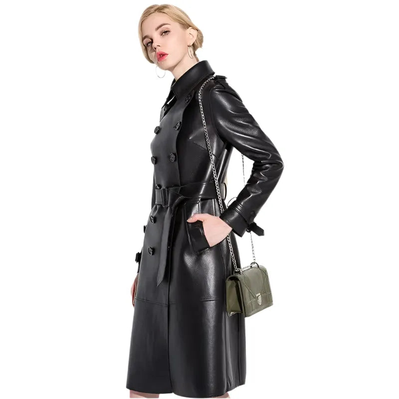 Women's Leather Trench Coat Longline Elegant Style
