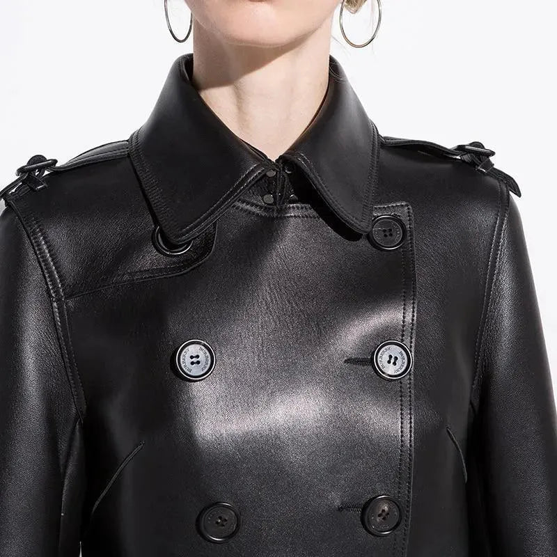 Women's Leather Trench Coat Longline Elegant Style