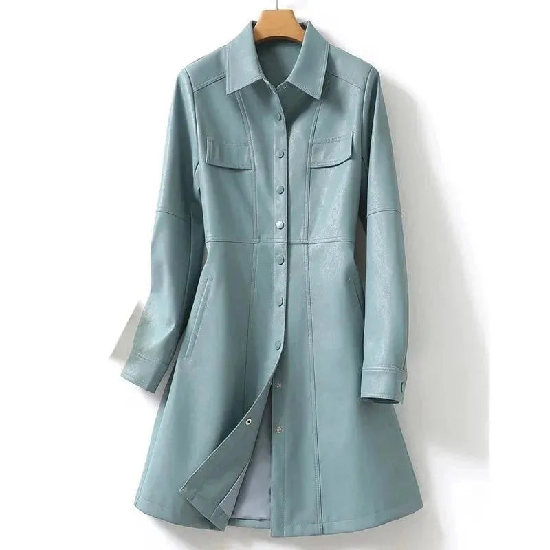 Women's Leather Trench Coat Midi Elegant Style