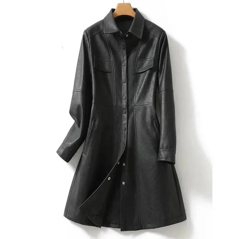 Women's Leather Trench Coat Midi Elegant Style