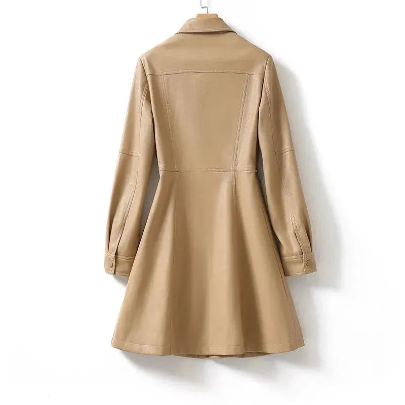 Women's Leather Trench Coat Midi Elegant Style