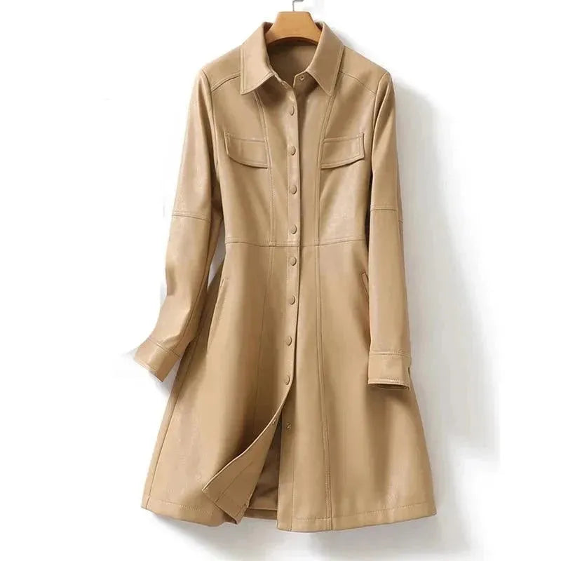 Women's Leather Trench Coat Midi Elegant Style