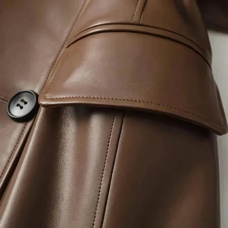 Women's Long Leather Trench Coat Belted Design
