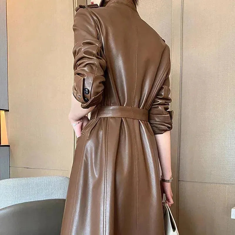 Women's Long Leather Trench Coat Belted Design