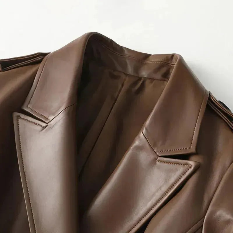 Women's Long Leather Trench Coat Belted Design