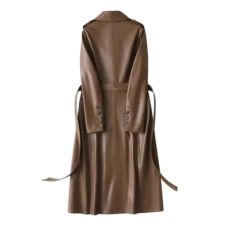 Women's Long Leather Trench Coat Belted Design