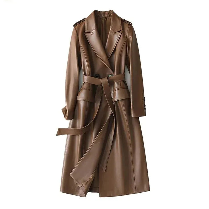 Women's Long Leather Trench Coat Belted Design