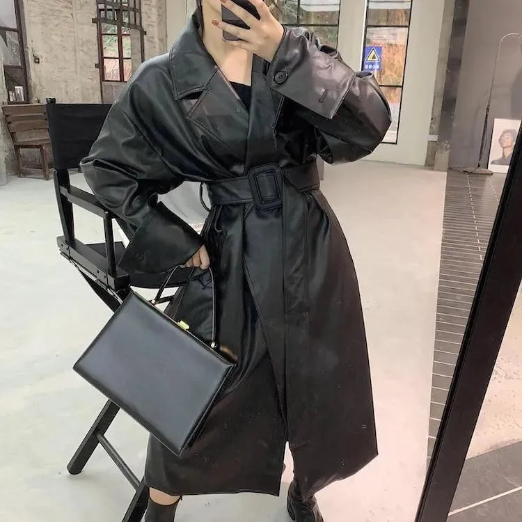 Women's Oversized Leather Trench Coat Belted Style