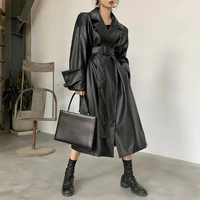 Women's Oversized Leather Trench Coat Belted Style