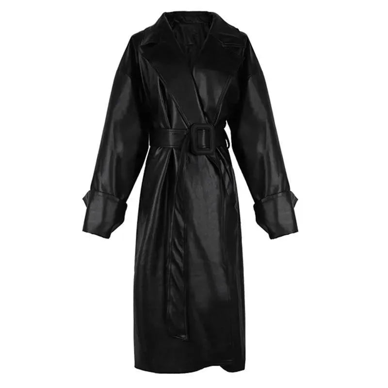 Women's Oversized Leather Trench Coat Belted Style