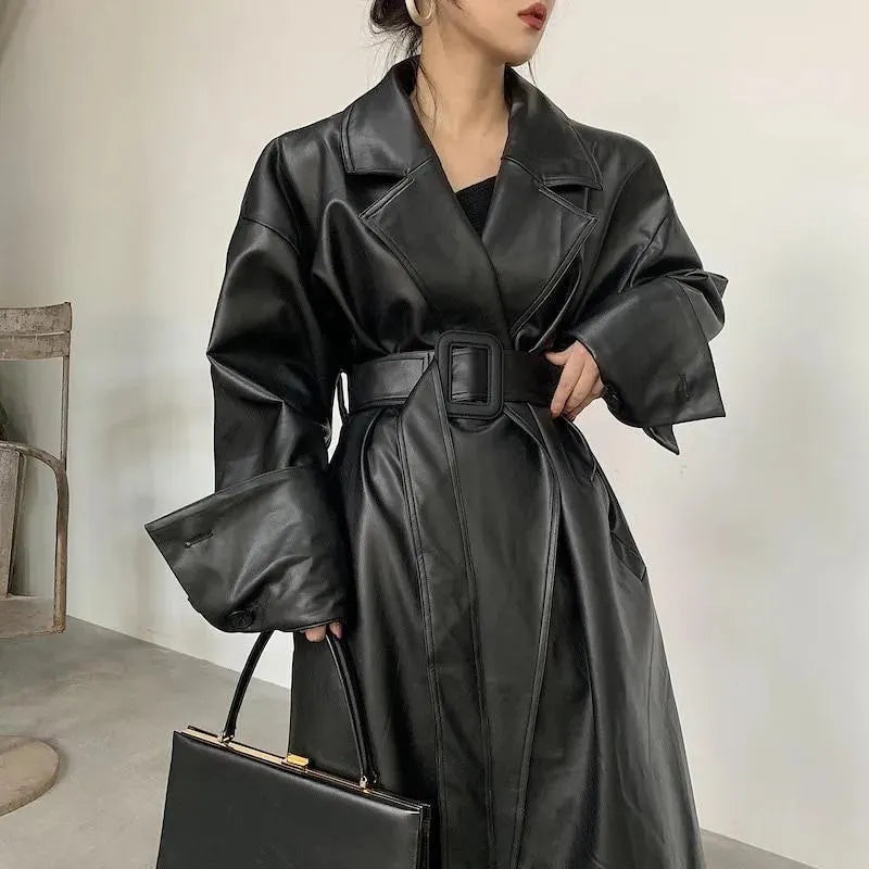 Women's Oversized Leather Trench Coat Belted Style