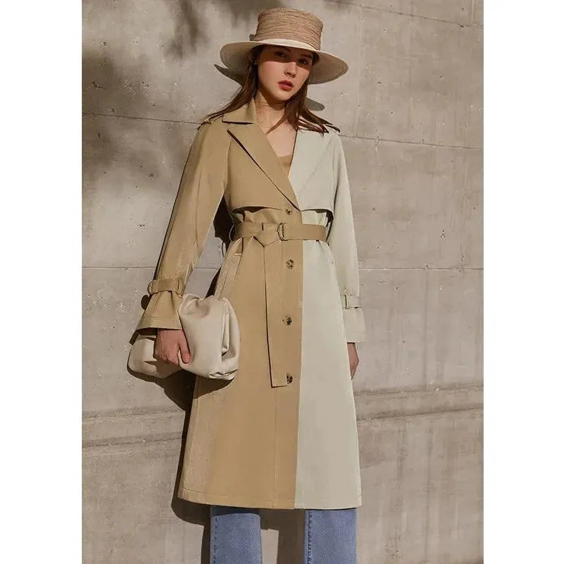 Women's Patchwork Long Coat Belted Casual Style