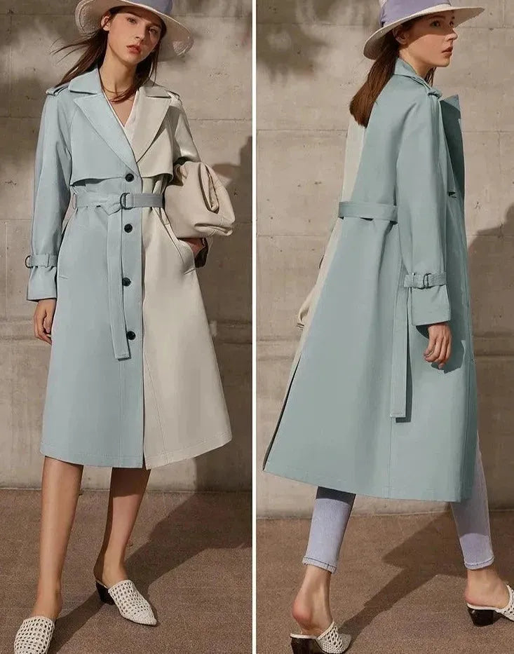 Women's Patchwork Long Coat Belted Casual Style