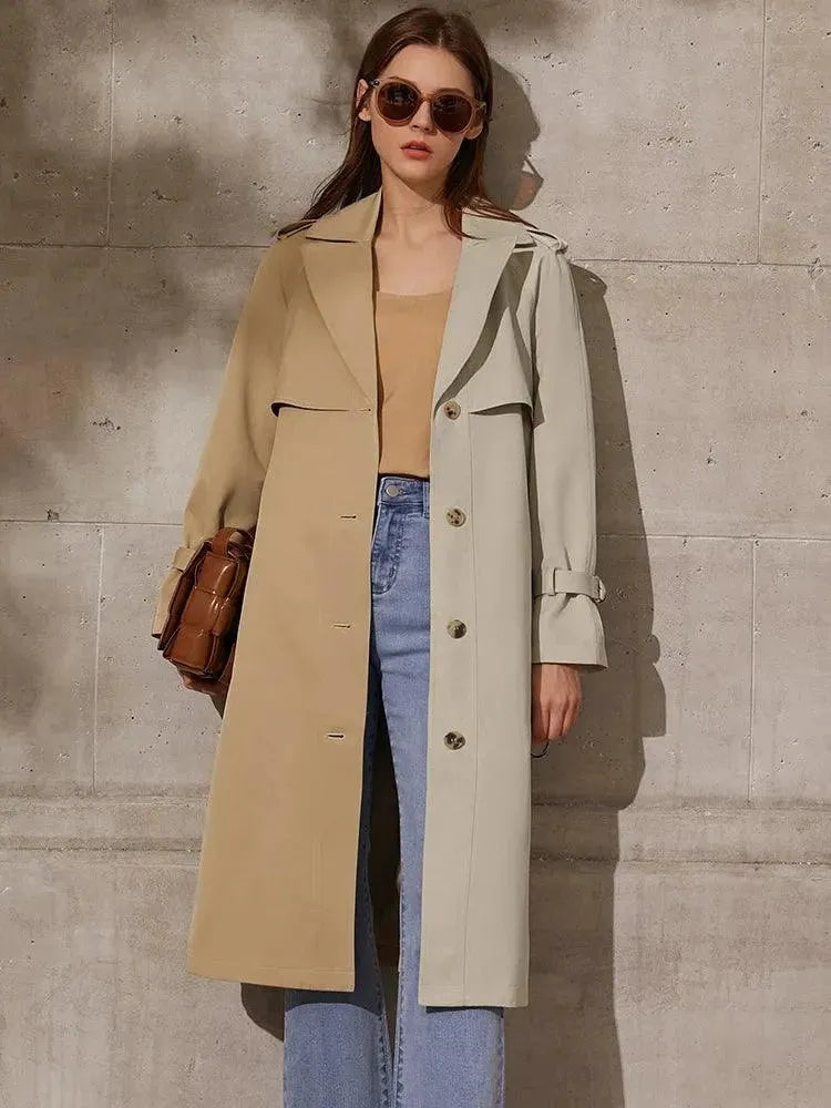 Women's Patchwork Long Coat Belted Casual Style