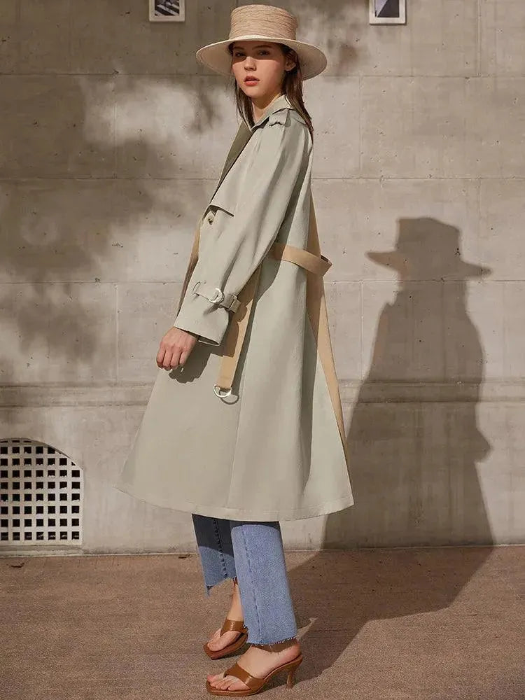 Women's Patchwork Long Coat Belted Casual Style