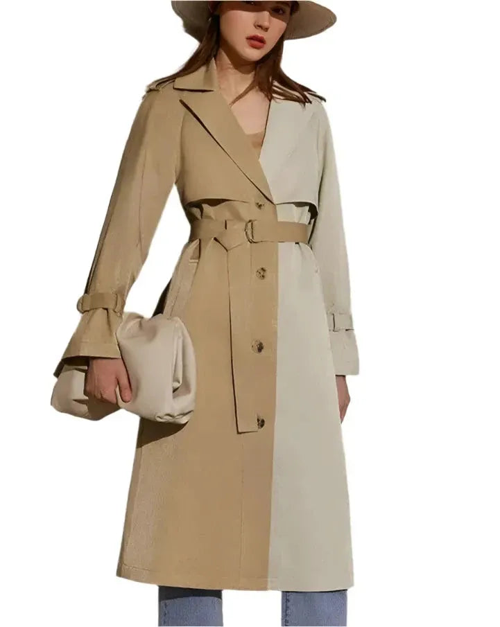 Women's Patchwork Long Coat Belted Casual Style