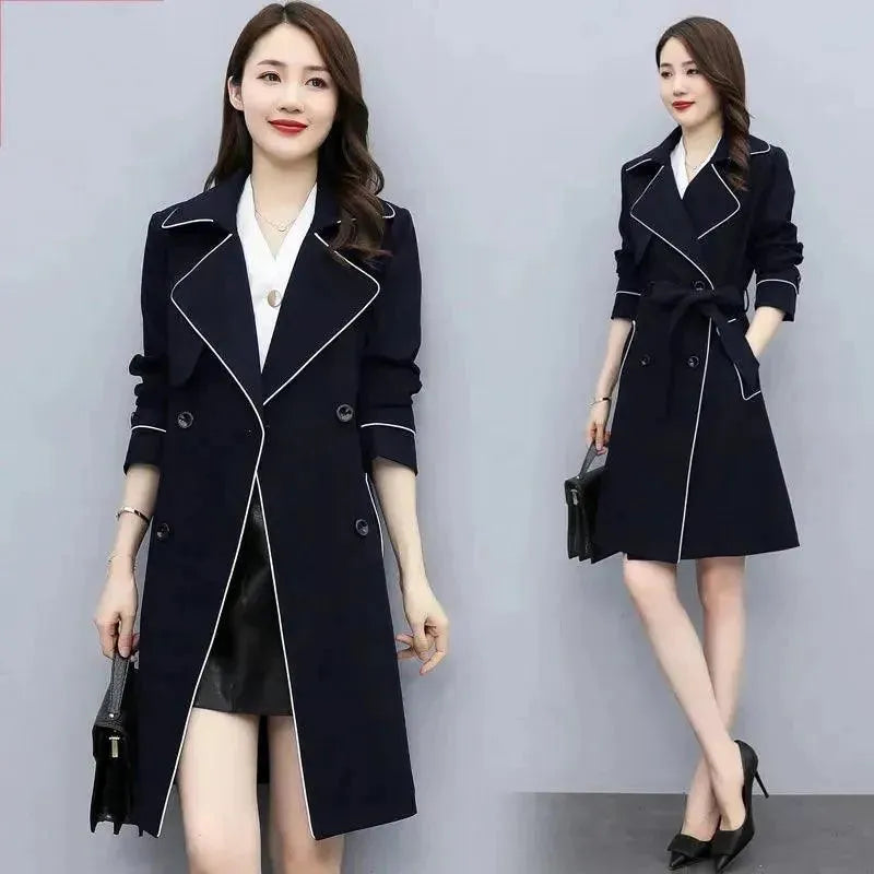 Women's Patchwork Trench Coat Belted Casual Style