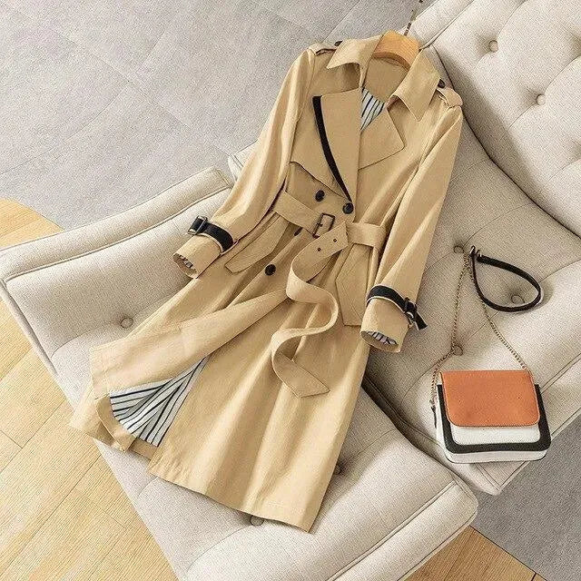 Women's Patchwork Trench Coat Belted Casual Style