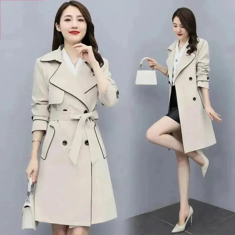 Women's Patchwork Trench Coat Belted Casual Style