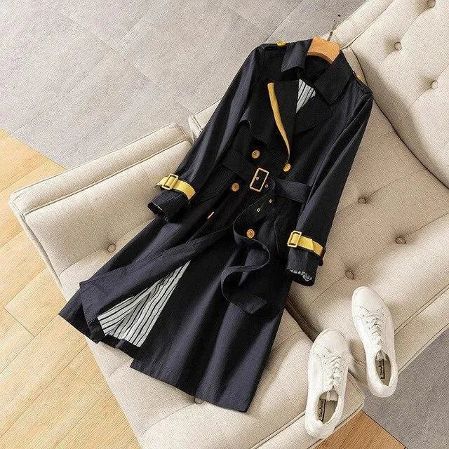 Women's Patchwork Trench Coat Belted Casual Style