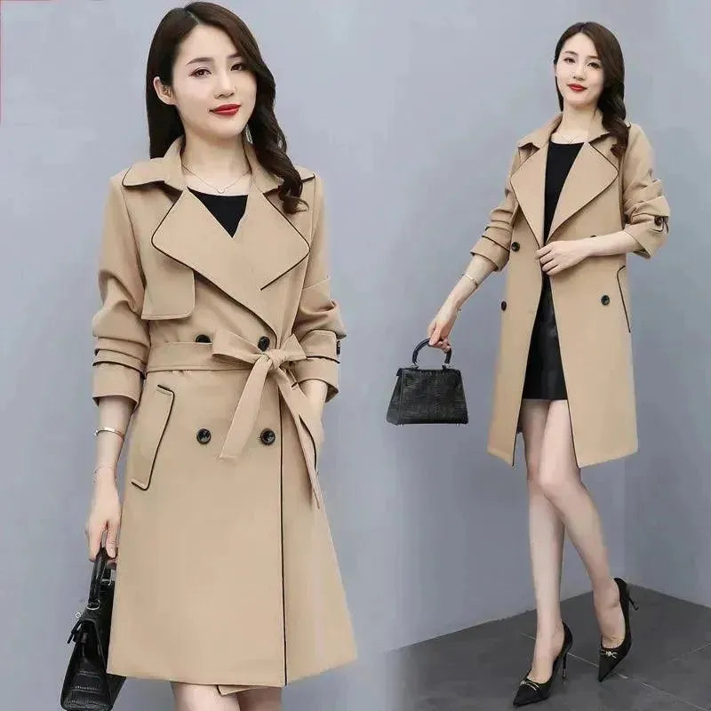 Women's Patchwork Trench Coat Belted Casual Style