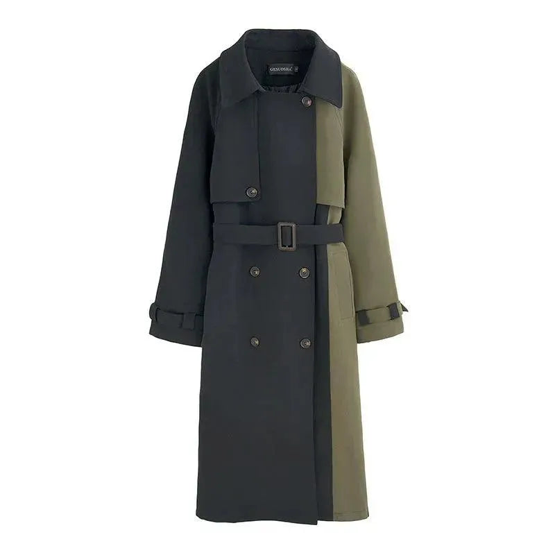 Women's Patchwork Trench Coat Belted Long Style
