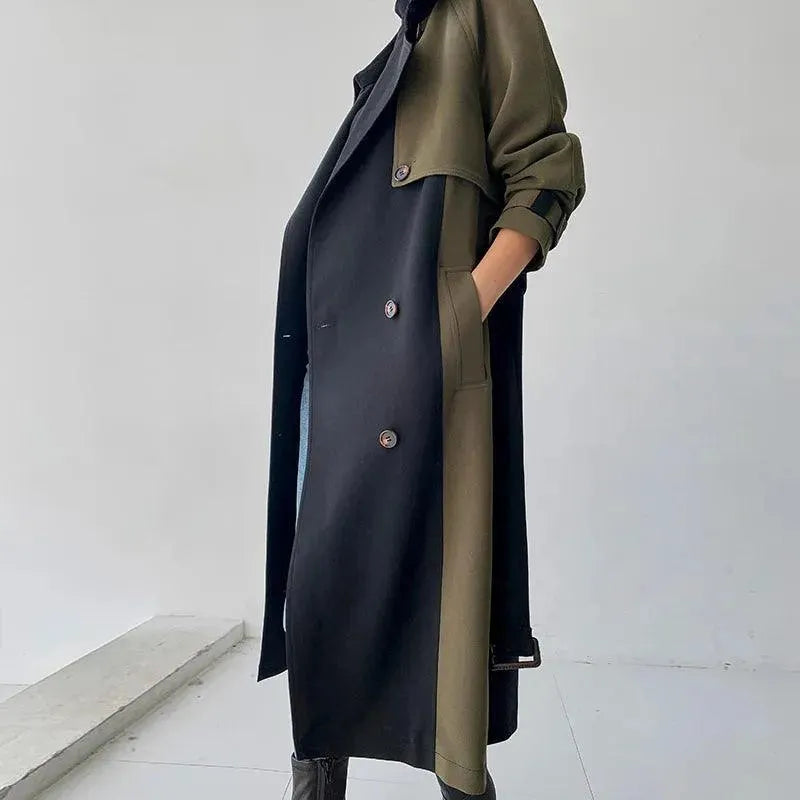 Women's Patchwork Trench Coat Belted Long Style