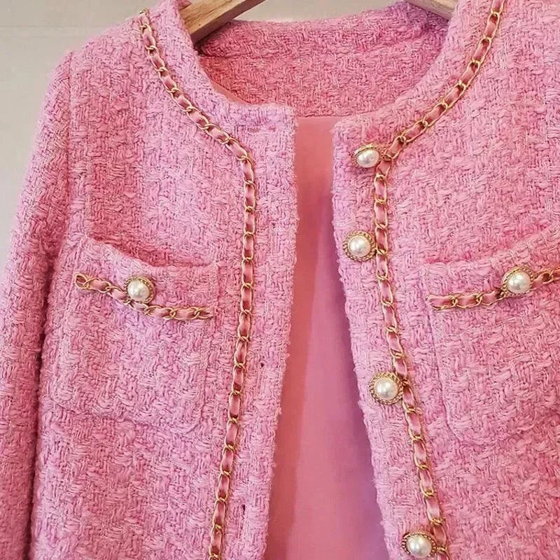 Women’s Pearl Trim Tweed Jacket Elegant Style
