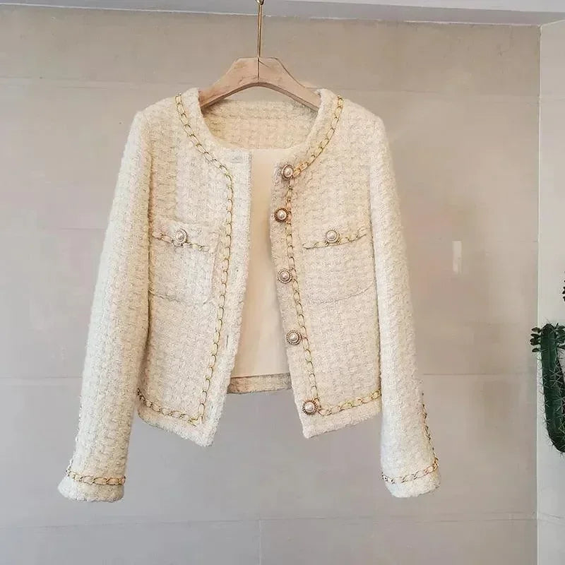 Women’s Pearl Trim Tweed Jacket Elegant Style