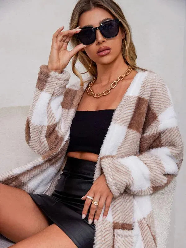 Women's Plaid Cardigan Coat Longline Open Style