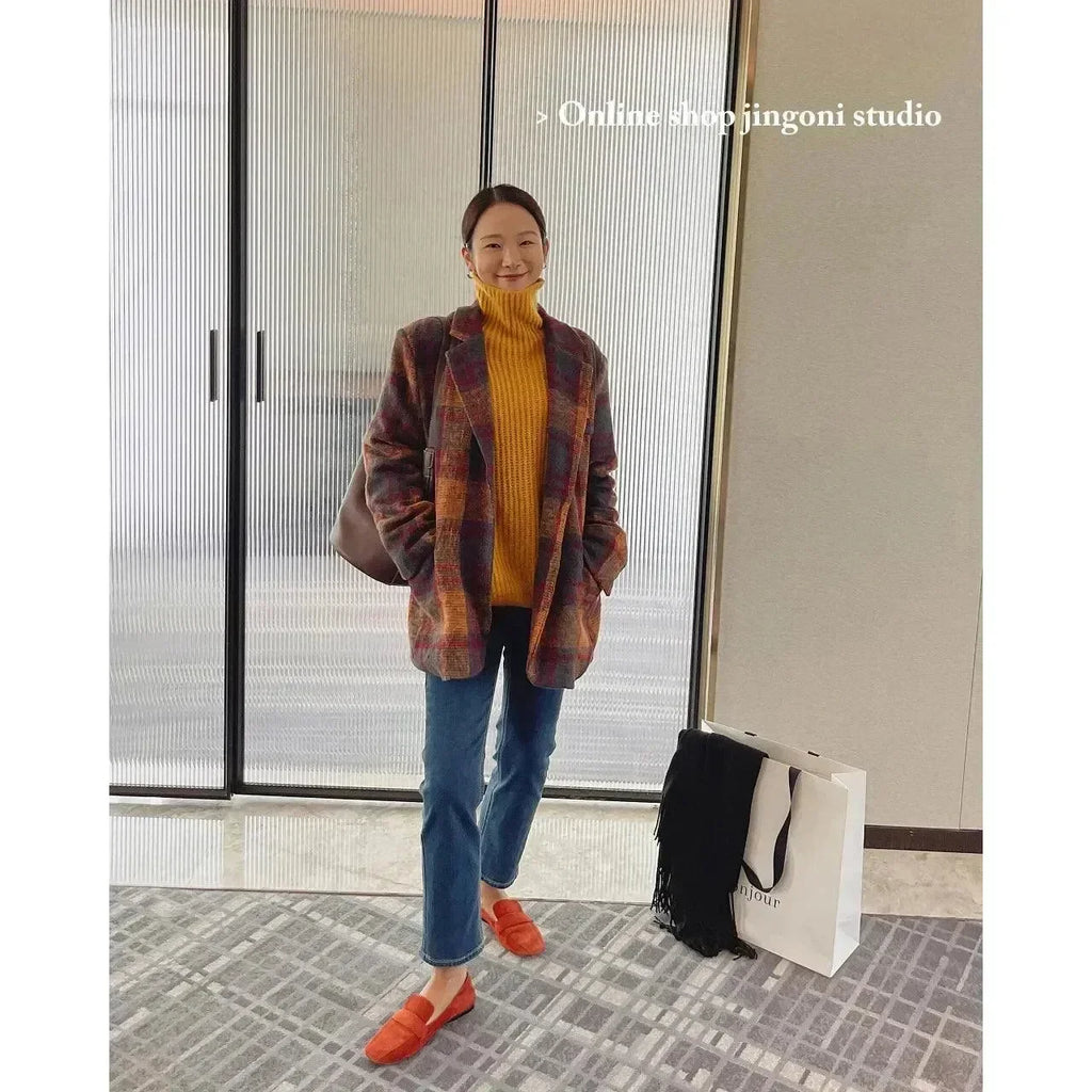 Women's Plaid Coat Lightweight Zipper Casual Fit