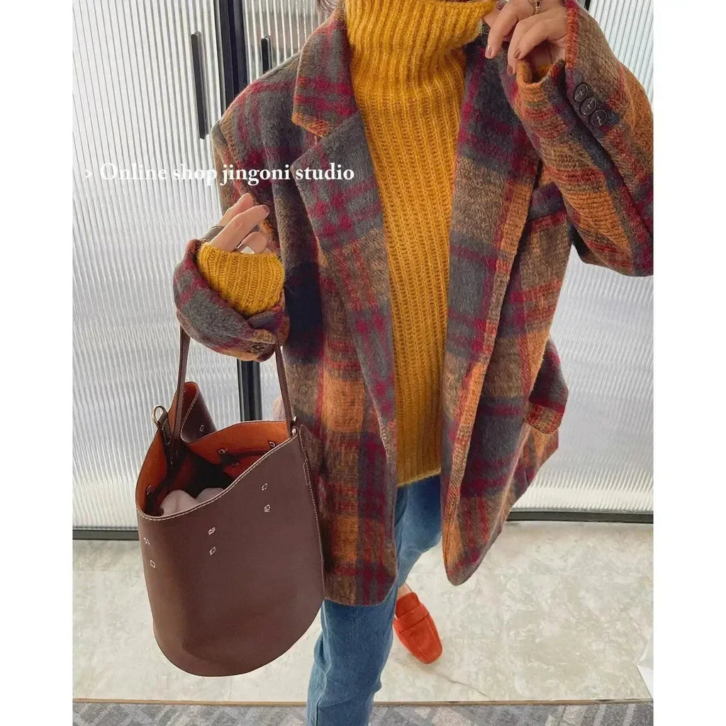 Women's Plaid Coat Lightweight Zipper Casual Fit