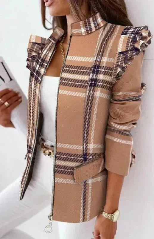 Women's Plaid Duster Coat Slim Fit Zipper Style