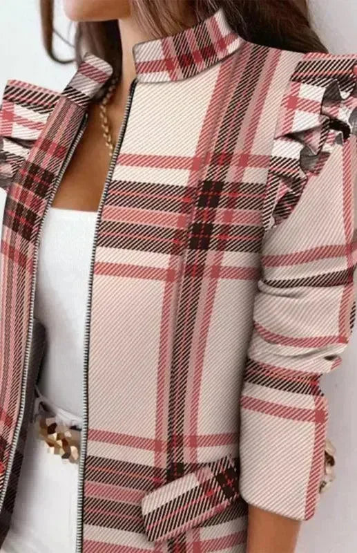 Women's Plaid Duster Coat Slim Fit Zipper Style