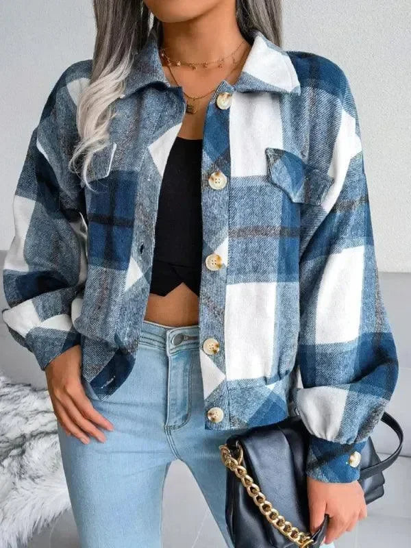 Women's Plaid Trucker Coat Loose Fit Casual Style