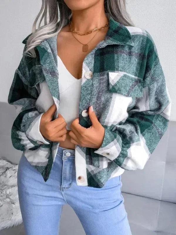 Women's Plaid Trucker Coat Loose Fit Casual Style