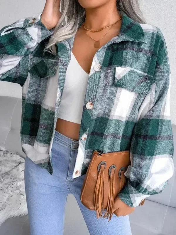 Women's Plaid Trucker Coat Loose Fit Casual Style