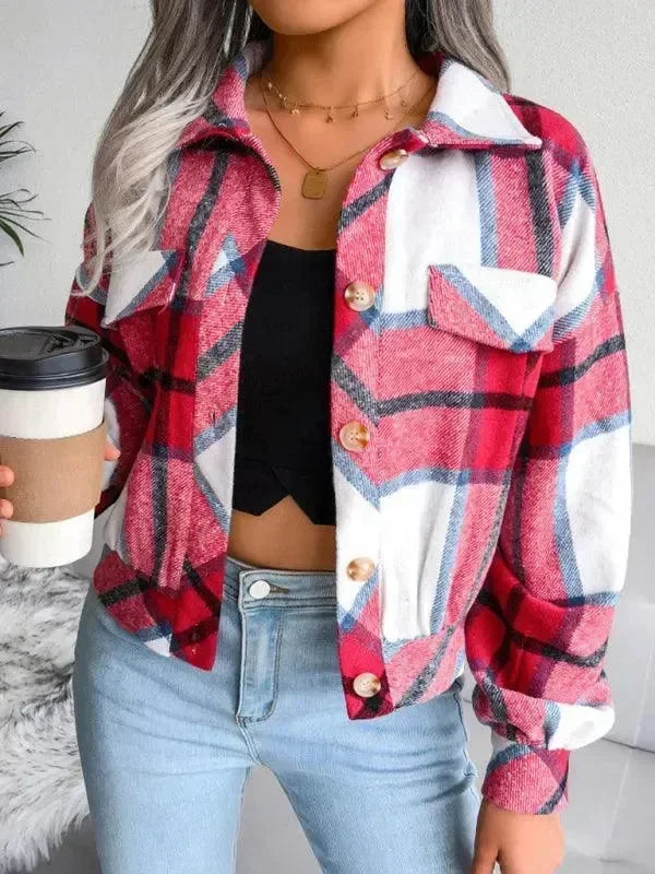 Women's Plaid Trucker Coat Loose Fit Casual Style