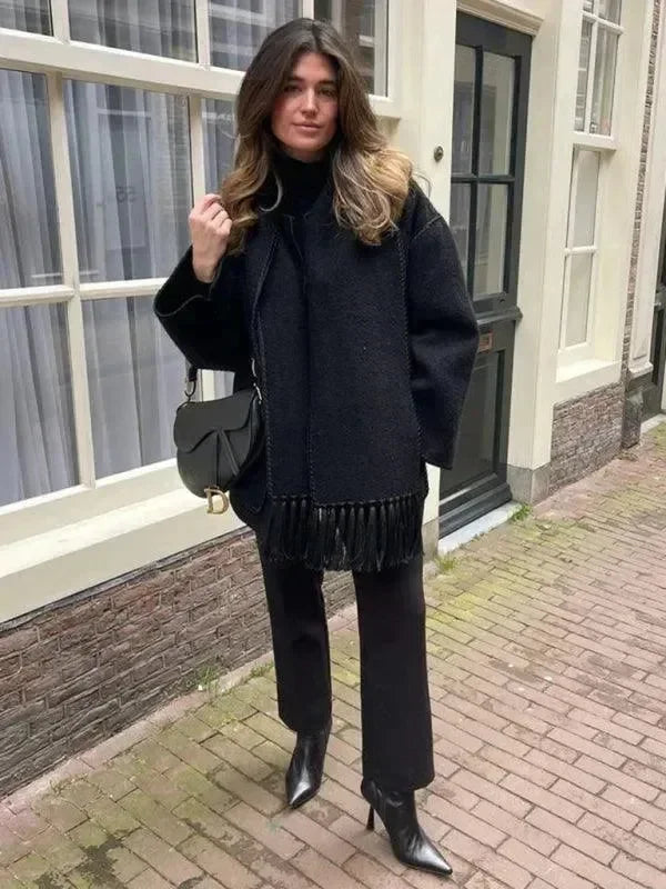 Women's Shawl Coat Fringed Hem Warm Style