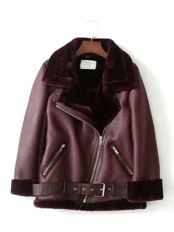 Women's Shearling Motorcycle Coat Belted Casual Style