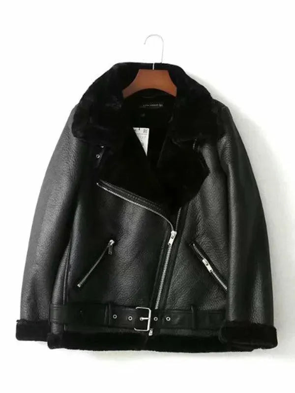Women's Shearling Motorcycle Coat Belted Casual Style